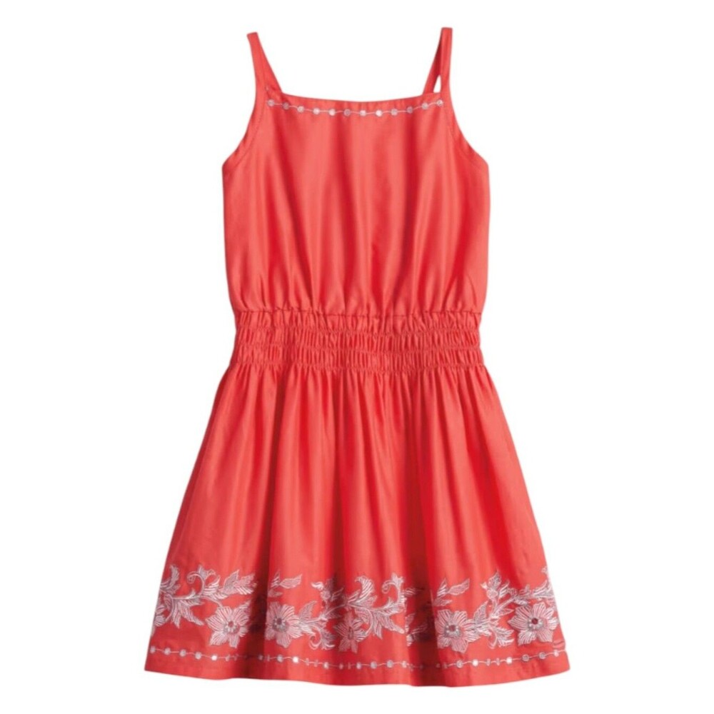 American Girl Kids Sunny Day Dress Coral White Flowers Cotton Summer Girls Sz 6